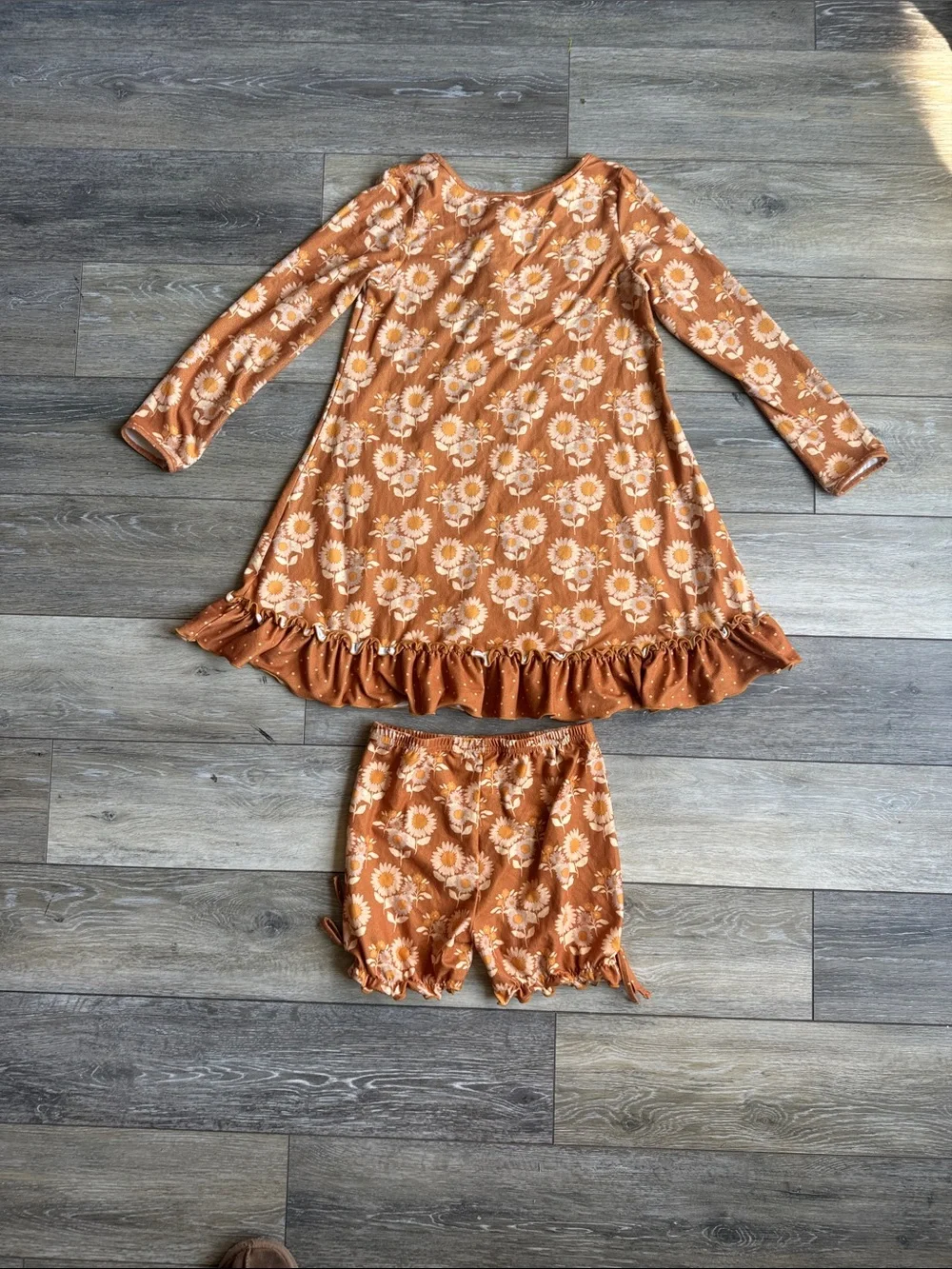 SweetHoney Rust Floral Long Sleeve Ruffle Hem Dress